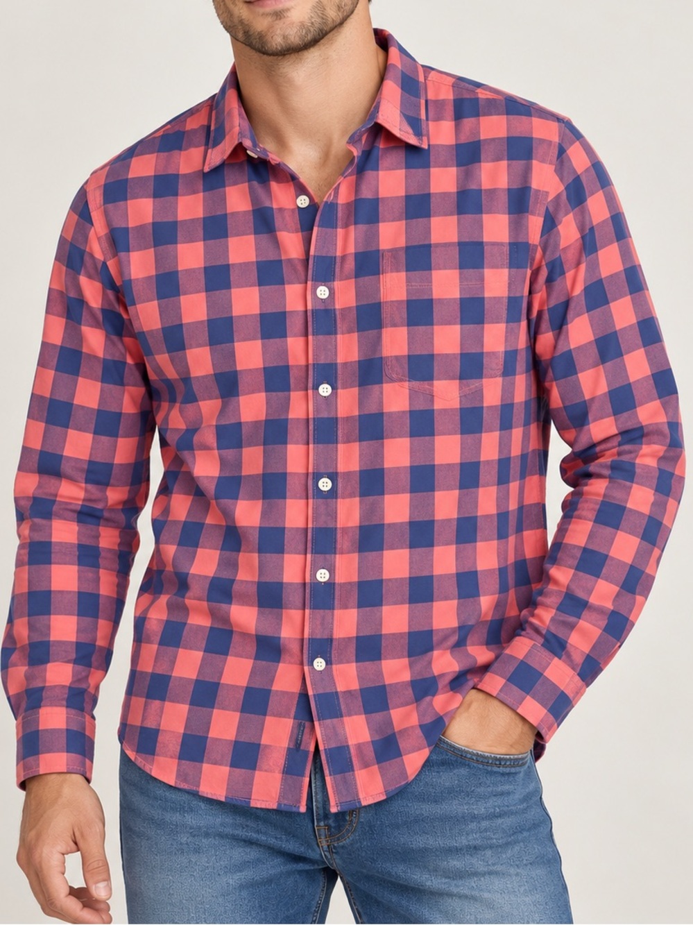 American Eagle Super Soft Pink Navy Plaid Button Down Shirt Large